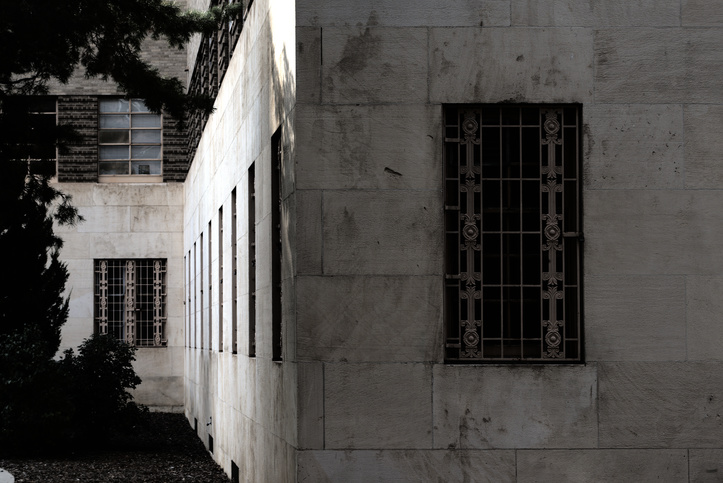A fortress looking corner of the building