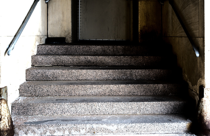 View of short, entry stairway to closed door with stout metal bump guards on teh wall and very gritty texture to the materials.