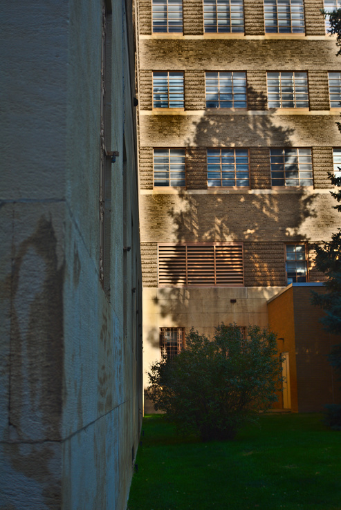Looking down a gritty sandstone wall overlooking another wall with a four-story pine-tree shadow.